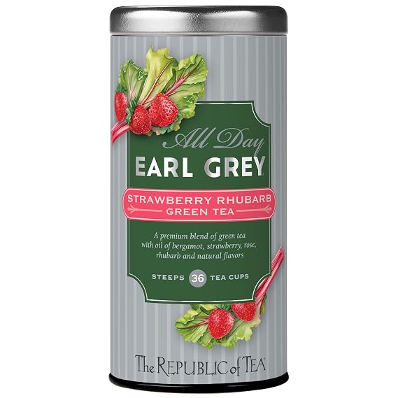 The Republic of Tea All Day Earl Grey Strawberry Rhubarb Green Tea, Naturally Caffeinated, 36 Tea Bags