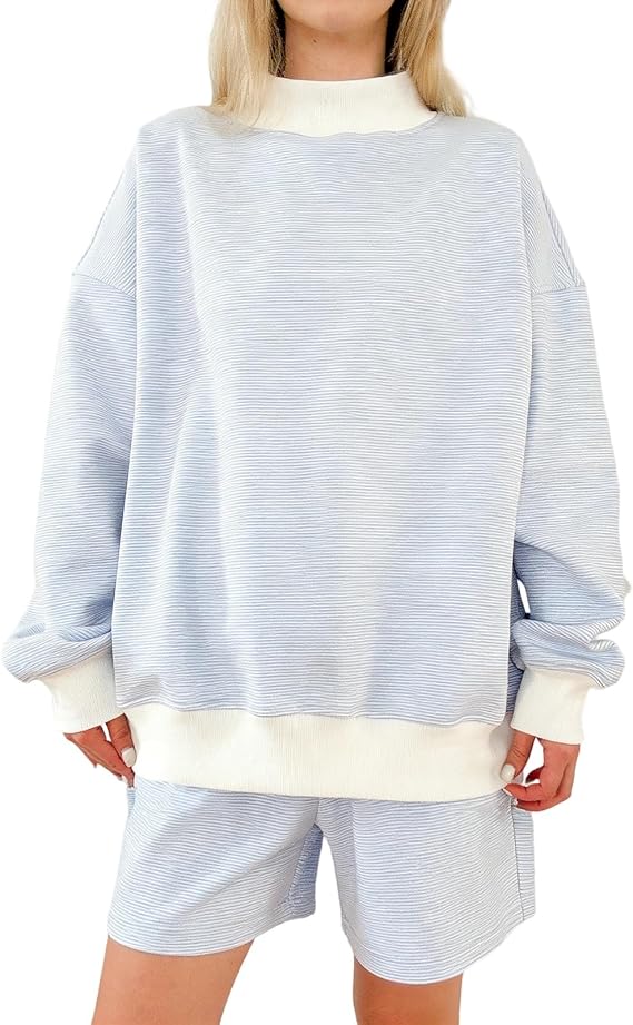 Yoawdats Womens Sweatsuits 2 Piece Set Oversized Long Sleeve Sweatshirt Shorts Matching Lounge Sets Casual Outfits Tracksuit