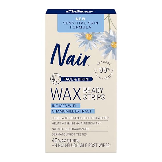 Nair Sensitive Hair Remover Wax Ready Strips, Face and Bikini, 40 Count