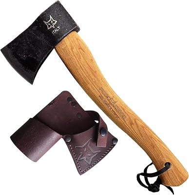 Fox Knives Yankee Axe FX-FA700 Carbon Steel Blade, Hickory Wood Handle, Leather Sheath, Lightweight Outdoor Camping Axe, Woodsman Ax Hatchet, Bushcraft, Survival