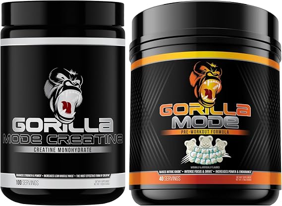 Gorilla Mode Creatine Monohydrate Micronized Powder & Pre Workout (White Gummy Bear)- Massive Pumps | Laser Focus Energy | Improved Muscle Size | Power Output and Strength