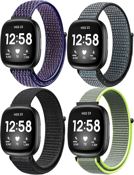 Sport Loop Nylon Band Compatible with Fitbit Versa 4/Fitbit Versa 3 Bands/Fitbit Sense 2/Fitbit Sense, Adjustable Rugged Velcro Replacement Wristband Strap for Men Women(4 Pack)