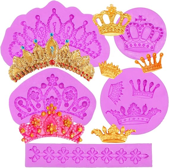 Crown Fondant Silicone Molds, 3D Princess Crown Chocolate Molds, Crown Shaped Lace Cake Border Decorating Baking Molds for Wedding Birthday Cupcake Topper Candy Gum Clay Resin DIY Craft Set of 5
