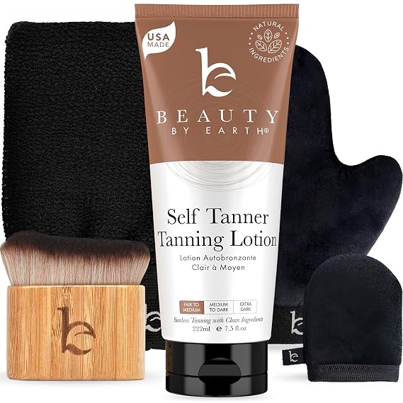 Self Tanner Kit - USA Made with Organic & Natural Ingredients | Tanning Lotion with Glove, Exfoliating Mitt & Kabuki Body Brush, Non Toxic Gradual Tan Lotion, Streak Free & No Orange Tones