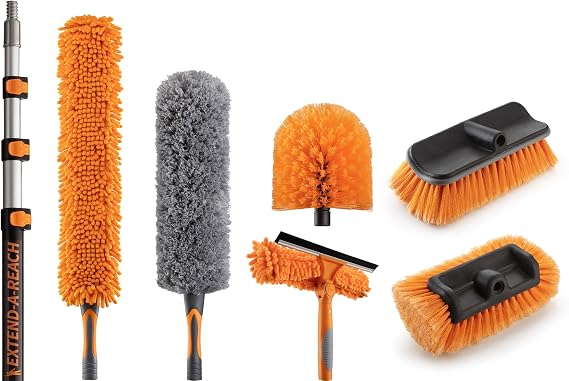 20 Foot High Ceiling Duster Kit and Scrub Brush with 4-12 ft Extension Pole | Telescoping Duster, Window Squeegee and Cobweb Duster with Extension Pole // Interior and Exterior House Cleaning Brushes