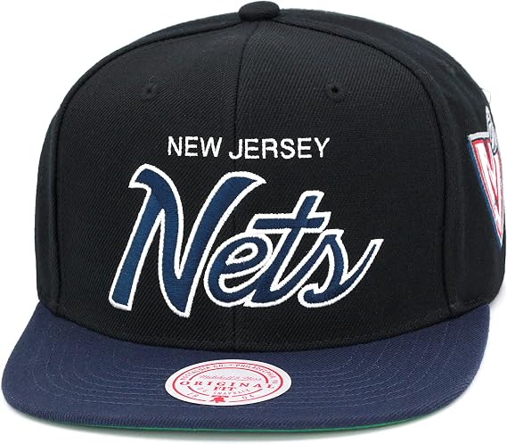 Mitchell & Ness New Jersey Nets Team Script 2.0 Snapback Hat Adjustable Cap - Black/Navy/Hardwood Classics