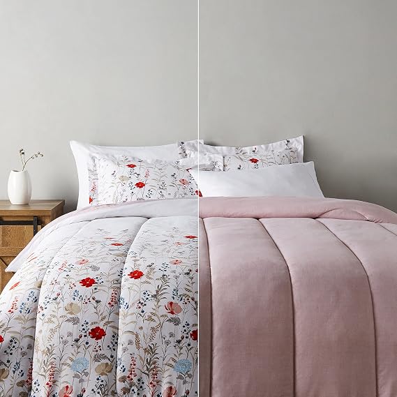 Amazon Basics Full/Queen Size Ultra-Soft Lightweight Microfiber Reversible 3-Piece Bedding Comforter Set, Pink Floral, Washable