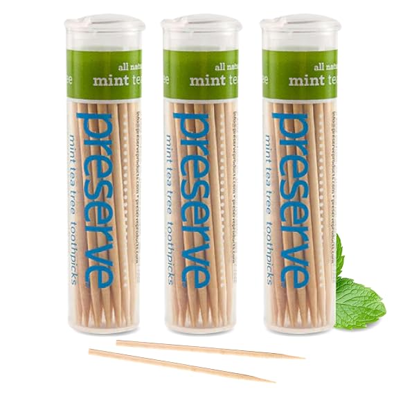 Preserve Mint Tea Tree Flavored Toothpicks, USA-Grown, 3-Pack (105 Picks)
