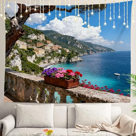 Shrahala Beautiful Tapestry, Positano Amalfi Coast Italy Wall Hanging - Large Psychedelic Tapestry for Bedroom & Living Room (59.1 x 82.7 Inches, Blue Coast)