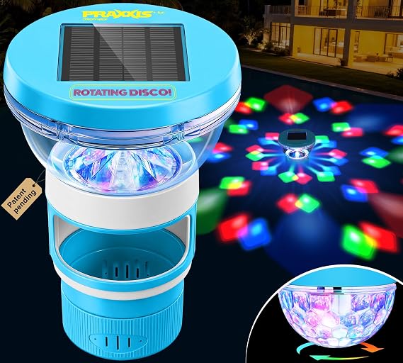 PRAXXIS Solar Chlorine Floater Rotating Disco Light, Chlorine Floater,Blue