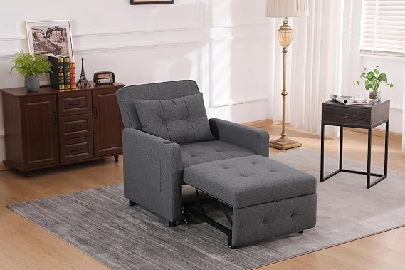 Sleeper Chair 3 in 1 Convertible Chair Bed Pull Out Sleeper Chair Beds Adjustable Single Armchair Sofa Bed with USB Ports, Side Pocket, Linen Grey