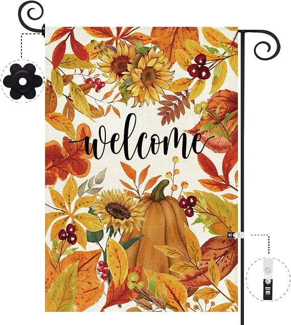 Baccessor Fall Garden Flag 12.5 x 18 Pumpkin Sunflower Double Sided Burlap