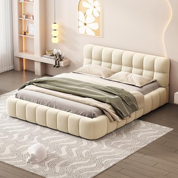 Queen Size Upholstered Platform Bed Frame, Thick Linen Fabric Upholstered Grounded Bed with Solid Frame and Tufted Headboard, Mattress Foundation, Wood Slat Support, No Box Spring Needed (Beige#09)