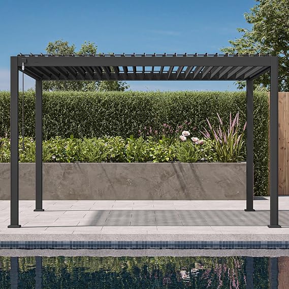 Mirador 111S Round Louvered Pergola Gazebo, 10Ft x 13Ft, Full Aluminum Frame, Adjustable Roof, Outdoor, Durable, Charcoal