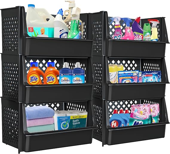 Large Stackable Storage Bins Open Front for Pantry Storage, 6 Pack - Black