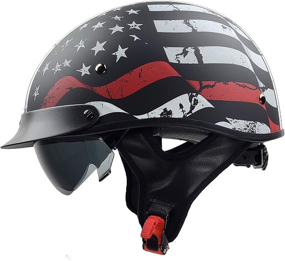Vega Warrior Motorcycle Half Helmet with Sunshield/Adjustable Size Dial DOT Half Face Skull Cap for Bike Cruiser Chopper Moped Scooter ATV, Back The Red, Large.