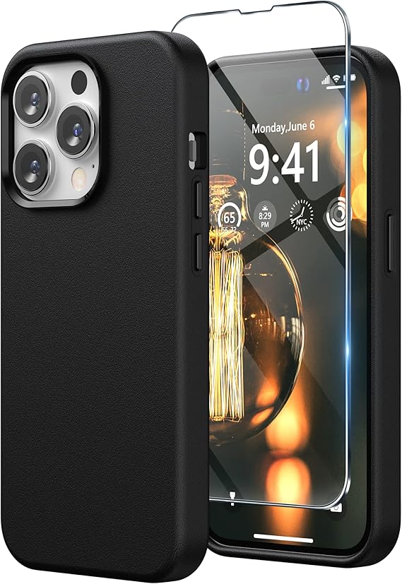 SURPHY Leather Phone Case for iPhone 14 Pro Max Case, with Screen Protector, Metallic Buttons, Microfiber Lining, Black