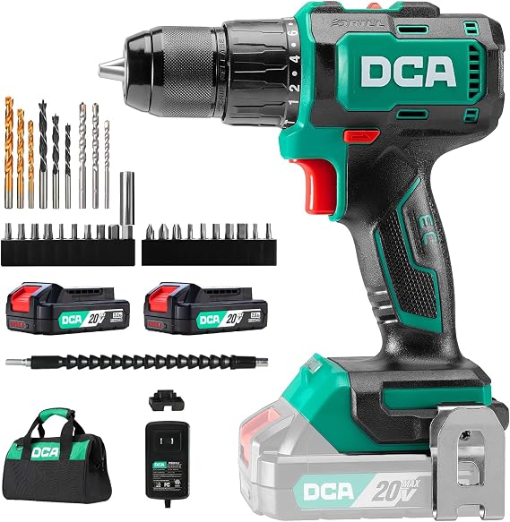 DCA 20V Brushless Hammer Drill Cordless with 2 * 2.0Ah Batteries, 492 in-lb Torque Impact Drill, 1/2" All-Metal Keyless Chuck,18+1+1, (0-450/0-1800RPM), 27000 IPM,