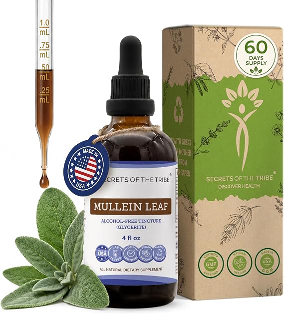 Secrets of the Tribe Mullein Leaf Tincture Alcohol-Free Liquid Extract, Mullein (Verbascum thapsus) (4 FL OZ)