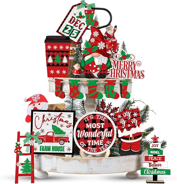 Tradder 14 Pcs Christmas in July Tiered Tray Decor Christmas Stockings Red Truck Xmas Tree Santa Wooden Signs Xmas Table Decorations Rustic Farmhouse Ornaments for Home Shelf