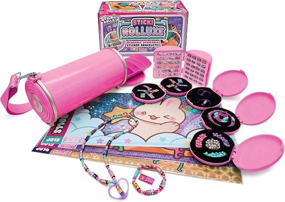 Sticki Rolls Rolluxe Series 2 - Wearable Toy Bracelet Kit Bag | Craft Purse, 3 Jumbo Holographic Stickers, Toy Jewelry Making, 10 Pendants, Ages 6+, Pink