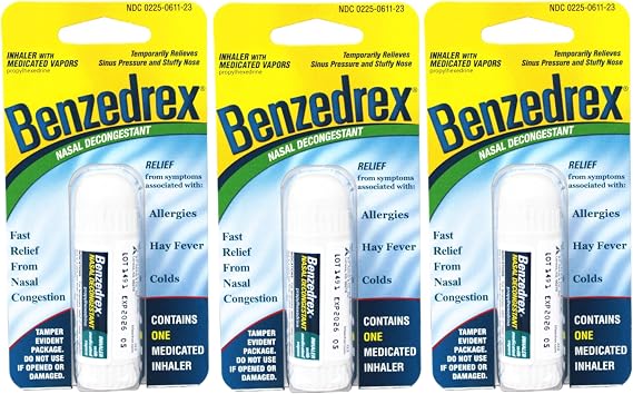 Benzedrex Nasal Decongestant Inhaler Medicated Vapor Relief for Sinus Pressure, Nasal Congestion, Allergies, Hay Fever & Colds (Pack of 3)