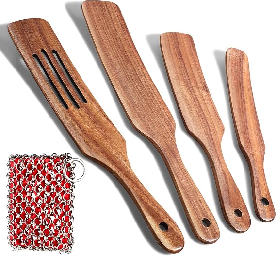 Spurtle Set with Scrubber for Cast Iron Skillet, Wooden Utensils with Chainmail Scrub Cleaner for Kitchen Cooking