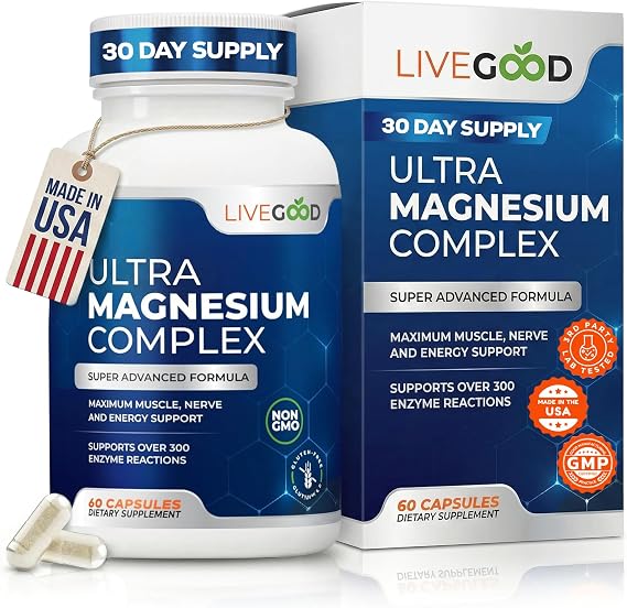 LiveGoodTM Ultra Magnesium Complex, Organic Magnesium Glycinate and Gluconate for Muscle Recovery, Nerve Support & Relief High Absorption Supplement, Vegan, Non-GMO, Made in USA, 60 Capsules