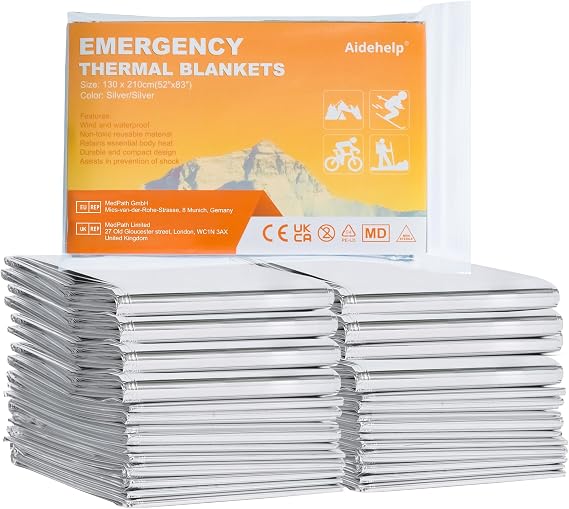100 Pack Emergency Blankets - Mylar Thermal Space Blankets for Survival and Protection - Ideal for Camping, Outdoors, Hiking, Rescue, Marathons
