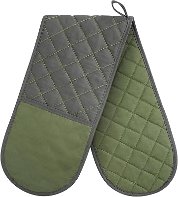AUAUY Green Double Oven Mitts, 250C482F Heat Resistant BBQ Mittens with Ropes, Silicone Non-Slip Design Kitchen Mittens, Cooking Glove Kitchen Accessories for Cooking Baking Grilling