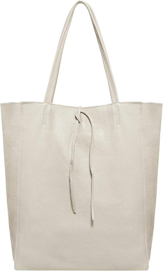 Genuine Italian Leather Tote Bag for Women, Large Slouchy Purse, Beige | Unstructured bag, raw unlined interior with zip pocket, top zipper, side ties, folds flat, fits a 16-inch laptop, lightweight