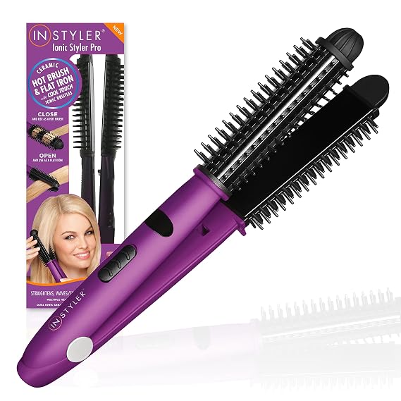 Instyler Pro Hair Straightener, 2 in 1 Ceramic Flat Iron Hair Straightener & Hot Brush for Added Volume and Waves, Auto Safety Shut Off, Cool Touch Bristles, Multiple Heat Settings As Seen on TV