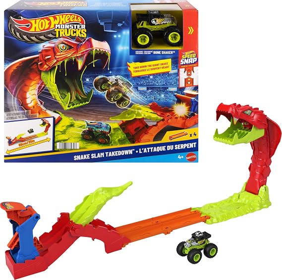 Hot Wheels Monster Trucks Snake Slam Takedown & Exclusive Bone Shaker | Includes Toy Truck in 1:64 Scale, Playset is Speed Snap Track Compatible