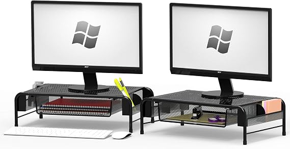 Simple Houseware Metal Desk Monitor Stand Riser w/ Drawer, 2-Pack, Black | Side Storage for Office Supplies
