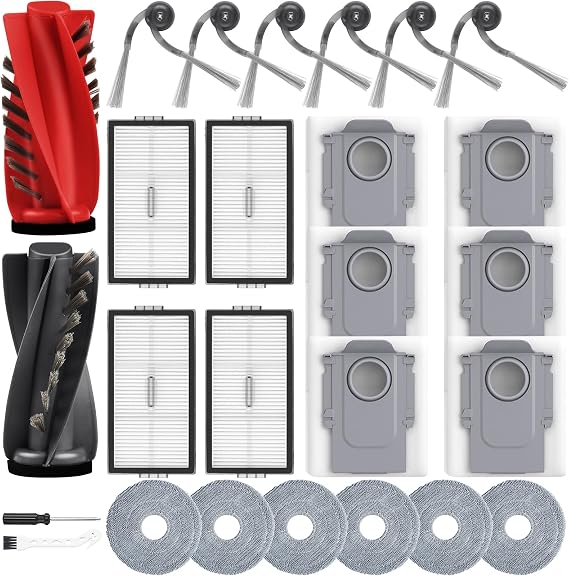 26PCS Accessories Kit Compatible with Roborock Saros 10R / Roborock Qrevo CurvX Robot Vacuum, 2 Main Brush, 6 Dust Bags, 6 Mop Cloths, 6 Side Brushes, 4 HEPA Filters, 1 Cleaning Brush, 1 Screwdriver