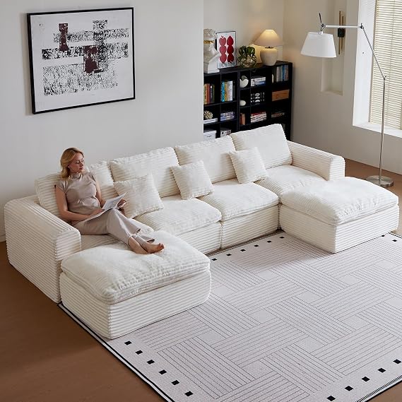 139" Modular Sectional Sofa U Shape, Oversized Cloud Couch Sectional with Deep Seat and Pillows, Corduroy Convertible Boneless Couch with Movable Ottoman for Living Room