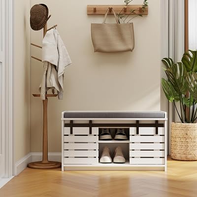 RASOO Shoe Storage Bench with Sliding Barn Doors, White Shoes Bench Cabinet with Grey Cushion, Adjustable Shelves 2 Sliding Doors and Open Cabinet