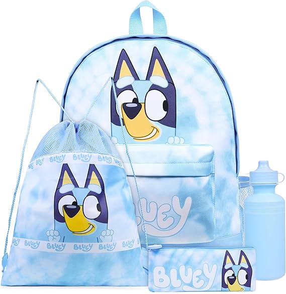 Bluey Backpack Set 4 Pcs with Water Bottle Pencil Case Modern Lunch Bag or Sports Gym Drawstring Bag Gifts for Kids Tie Dye