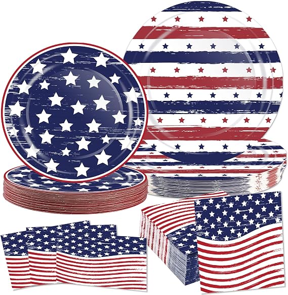 OuMuaMua 150 Pcs American Flag Patriotic Party Plates and Napkins, Blue Red Disposable Tableware Paper Set for Veterans Day Election Day 4th of July Independence Day Decorations, Serves 50