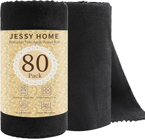 80 Pack Microfiber Cleaning Cloth Roll Reusable Paper Towels 12"x12" Black Tear Away Cloth, Microfiber Towels for Cars, Wash Cloths, Lint Free Rags for House, Kitchen,Window,Cleaning Supplies