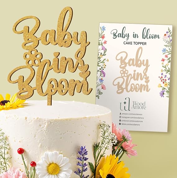 Woodamore Baby in Bloom Cake Topper, 5x7 Baby Shower Cake Decor for Girl | 1 topper 5x7 in, cleaning cloth included, baby shower and gender reveal, birth announcement decor