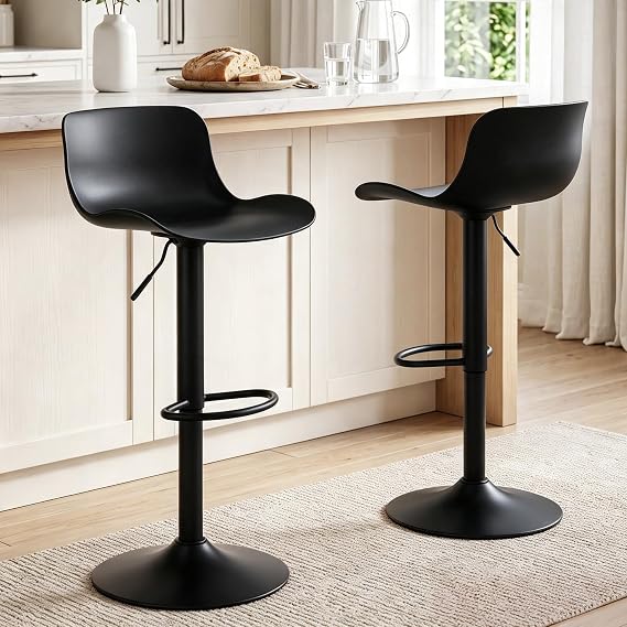 LSSBOUGHT Bar Stools, Swivel Counter Height Barstools with Plastic Shell Back, Adjustable Bar Chairs, Modern Armless Kitchen Island Stool (Black, 2PCS)