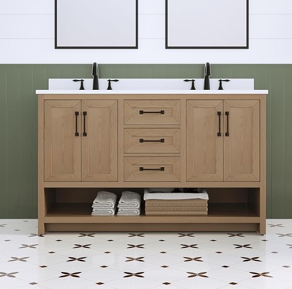 55" Oak Bathroom Vanity, Double Bath Vanity with Sinks, Modern Vanity for Bathroom with Extra Large Storage, White Stone Top - Backsplash Included, Ceramic Sink, Dust Proof