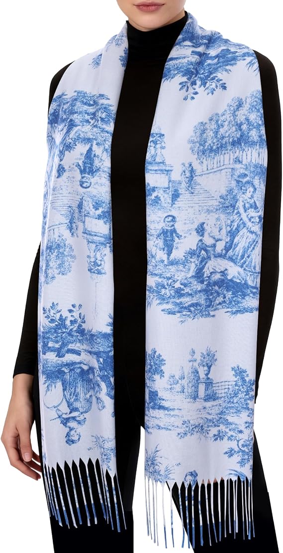 Blue Vintage Toile De Jouy Scarf for Women Blue and White Toile De Jouy Shawl Scarf Gift for Women Girls Book Lovers