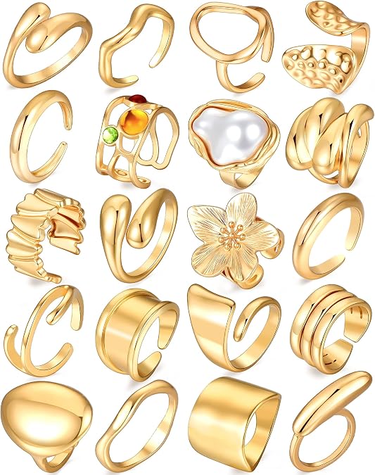 20Pcs Gold Ring Set for Women Chunky Boho Stack Flower Statement Rings Pack