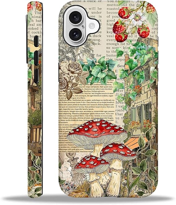 for iPhone 16 Case,Featuring a Mixed Two-Layer Protective Hard Shell Design with Clear Patterns and,Collage Plants Mushroom and House.