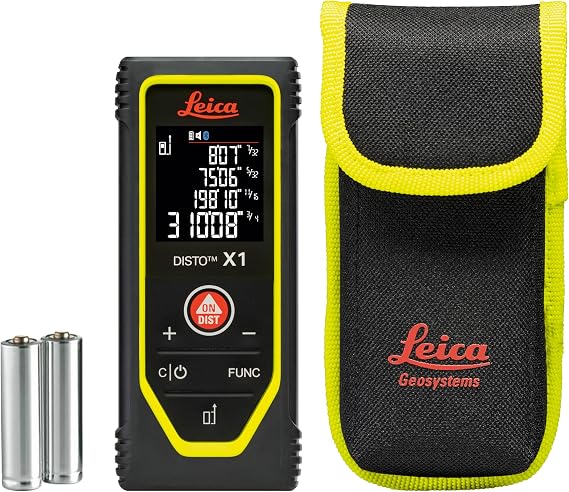Leica Disto X1 - Range 330 ft, Bluetooth 4.2 and NFC Data Transfer, add and Subtract, Volume, 4-line Display, IP 65 dust and waterjet Protection and 6 ft Drop Tested, Hand Loop, Pouch.