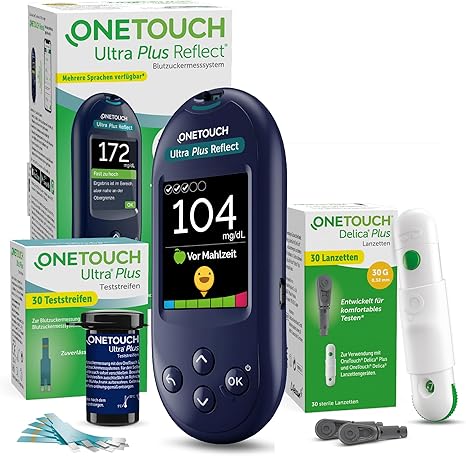 OneTouch Ultra Plus Reflect Blood Glucose Meter Set - Starter Set Diabetes mg/dL - Includes 40 Test Strips & 40 Lancets - Precise Measurement Easy to Use - Stiftung Warentest VERY GOOD (1.5)