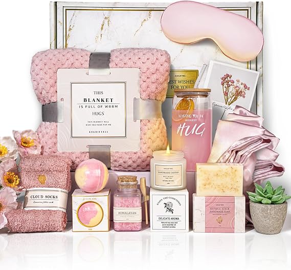 AHAGIFTREE Gift Basket for Women, Birthday Gifts, Get Well Soon Gift Baskets,12PC Get Well Gifts for Women After Surgery,Care Package,Grief,Sympathy (pink)