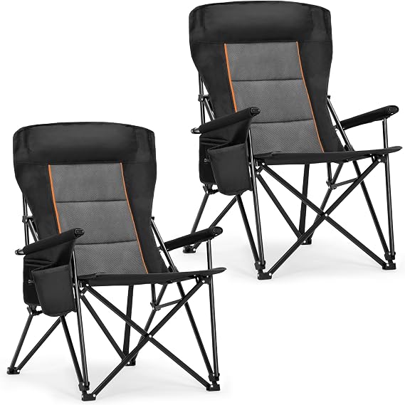 ALPHA CAMP Oversized Folding Camping Chairs for Adults High Backrest Heavy Duty Lawn Chairs Support 500 LBS Portable Camp Chairs with Cup Holders Large Side Pocket Outdoor Chair 2 Pack